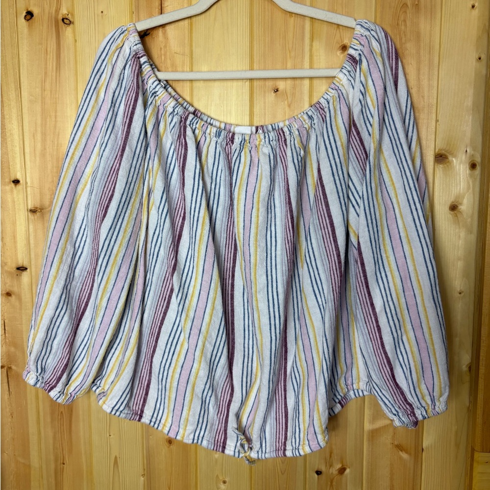 GAP Women’s Striped Peasant Blouse Linen Blend Long Sleeve Balloon Top Size XL